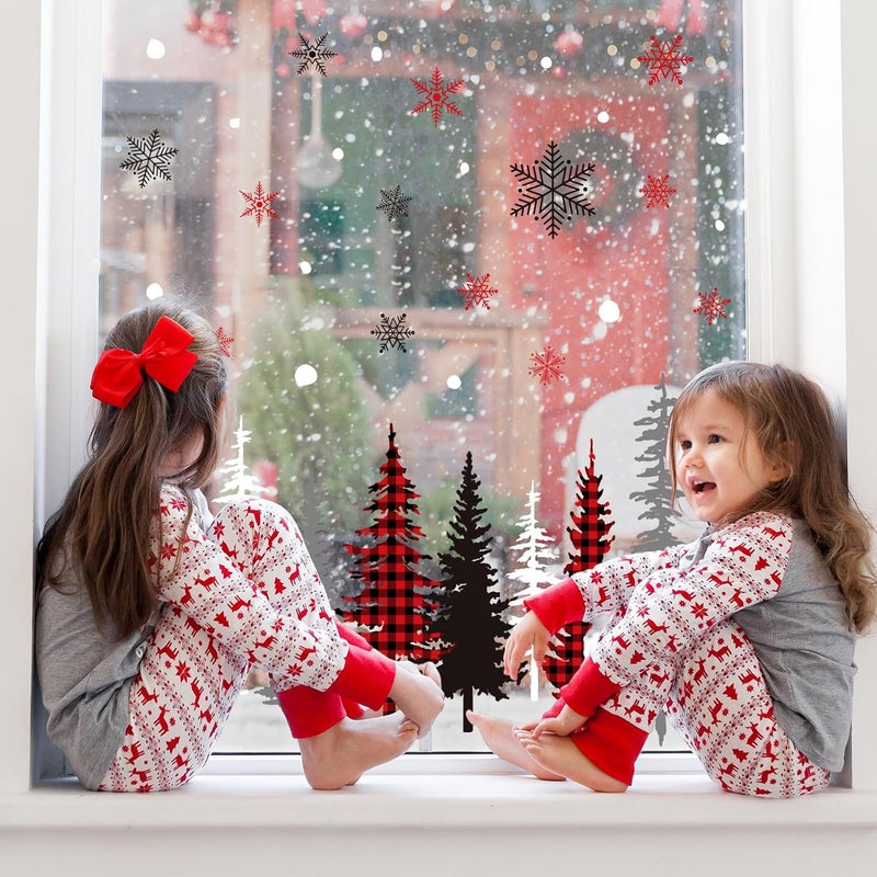 Whaline 9 Sheet Christmas Window Clings Red Black Gray Xmas Trees Snowflake Window Decal Reusable Anti-Collision Windows Decor for Winter Home School Office Party Supplies - Image 4